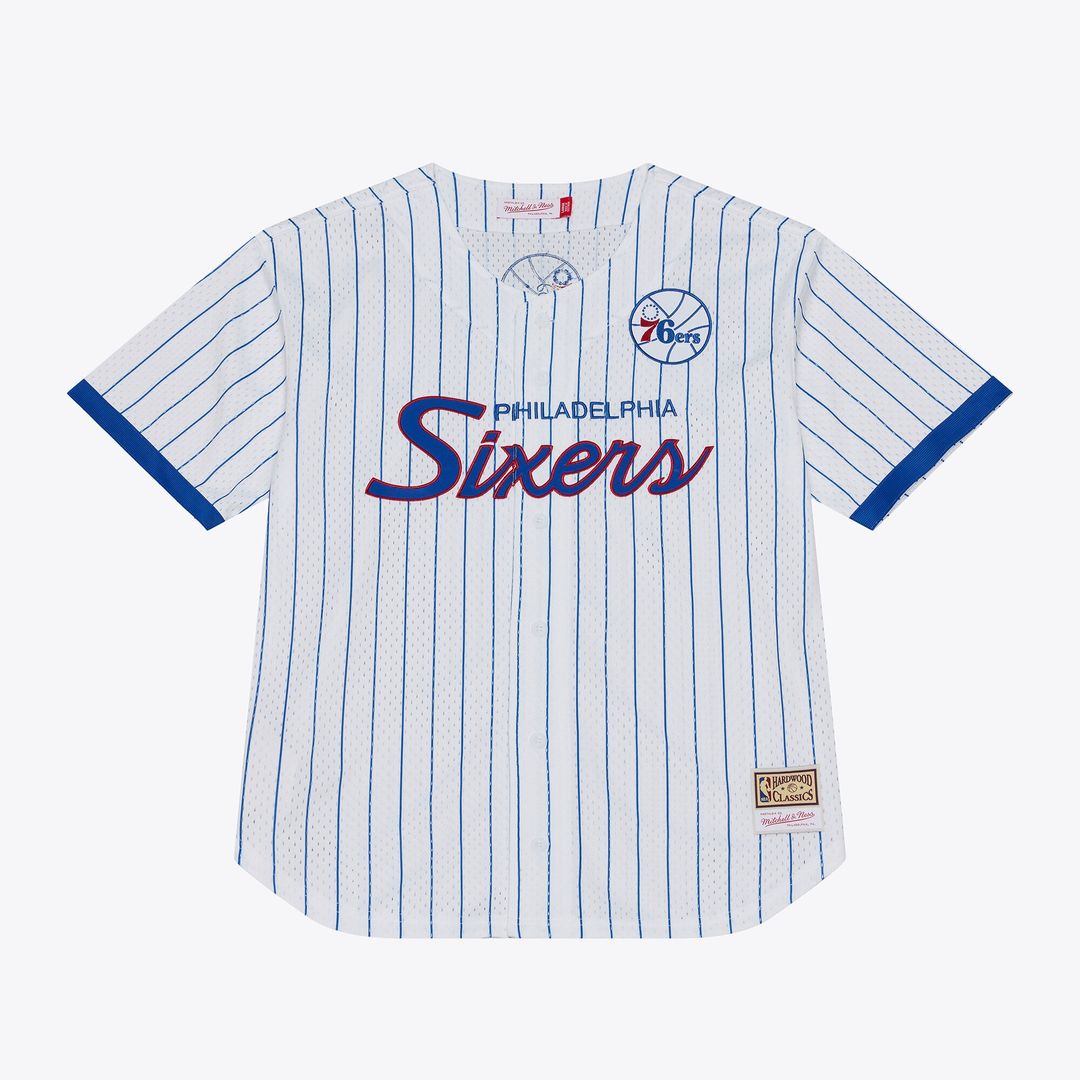 Philadelphia 76ers Mitchell & Ness Head Coach Pinstripe Mesh Full - Button Baseball Jersey - White