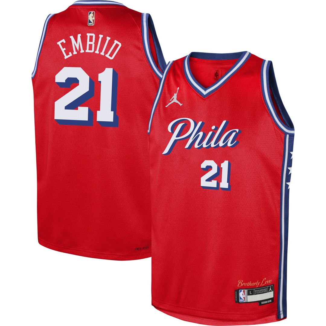 Philadelphia 76ers Joel Embiid Jordan Brand Youth Swingman Jersey - Statement Edition - Red