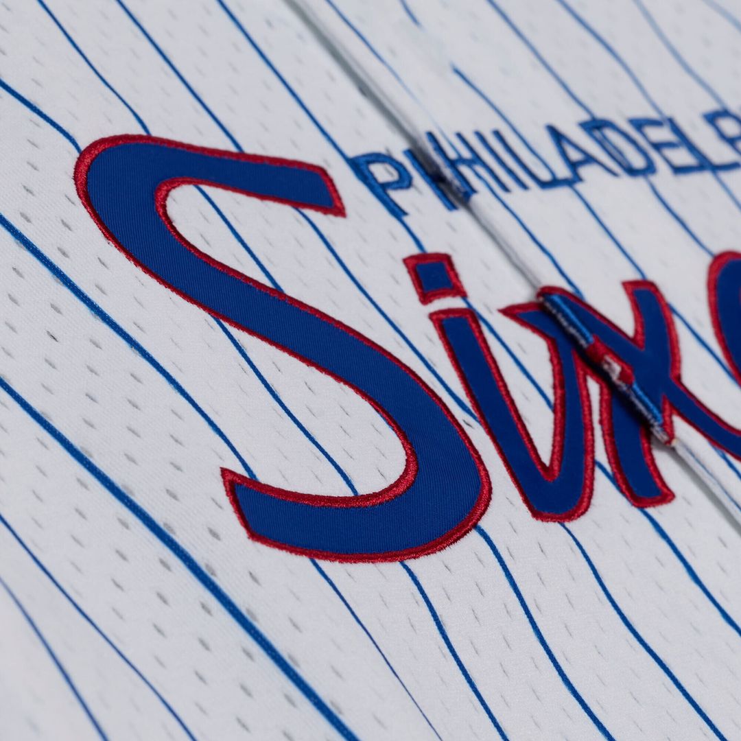 Philadelphia 76ers Mitchell & Ness Head Coach Pinstripe Mesh Full - Button Baseball Jersey - White