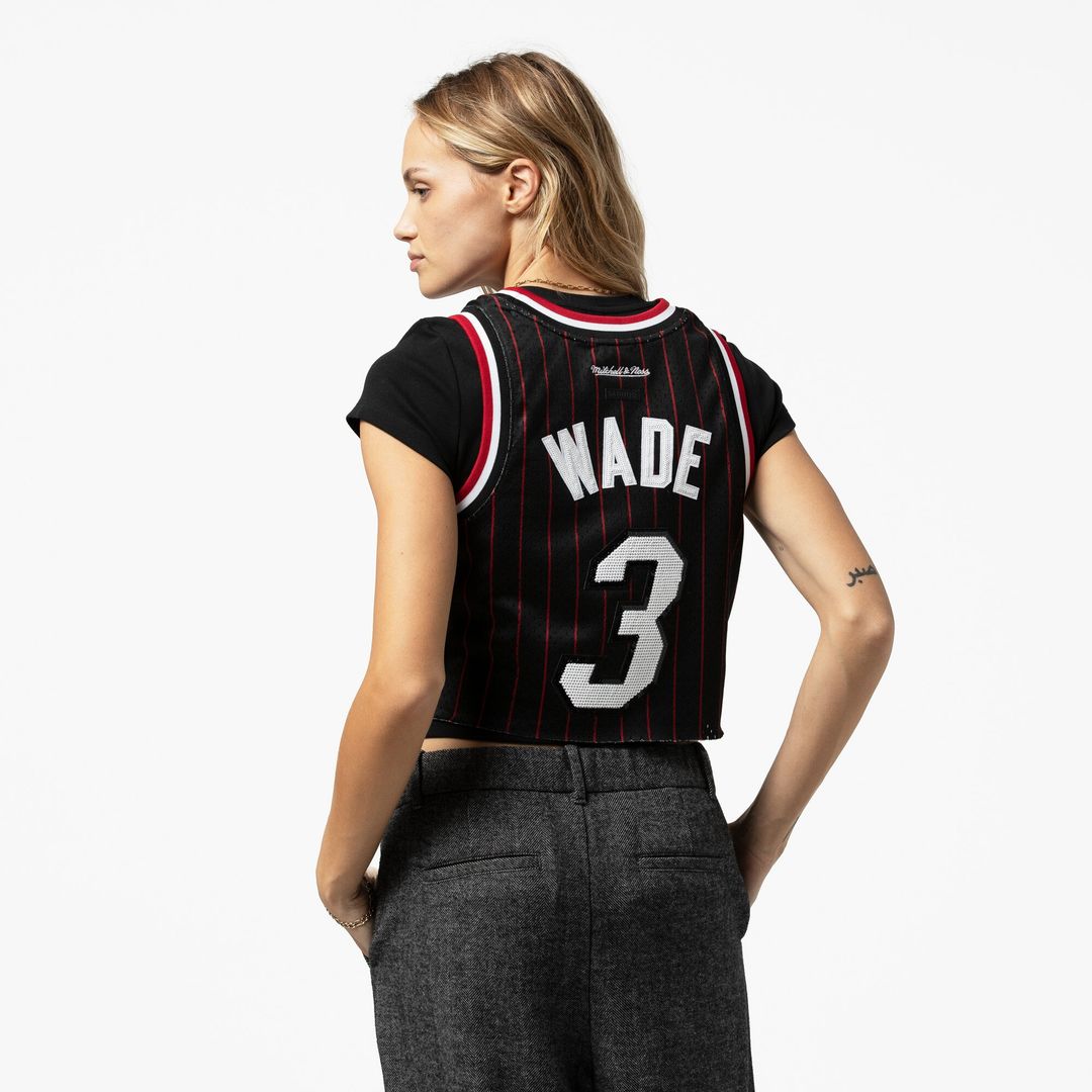 Miami Heat Dwyane Wade Mitchell & Ness x DANNIJO Women's Fashion Cropped Basketball Jersey - Black