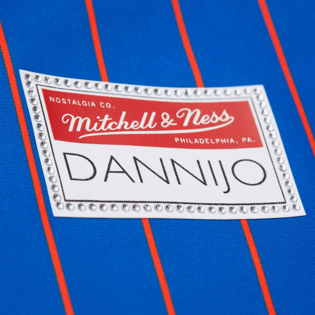 New York Knicks Patrick Ewing Mitchell & Ness x DANNIJO Women's Name & Number Cropped Football Jersey - Blue