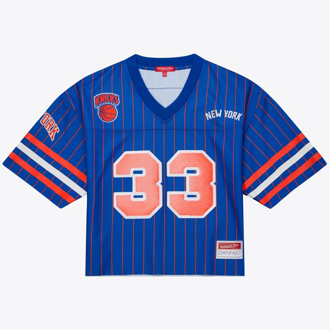 New York Knicks Patrick Ewing Mitchell & Ness x DANNIJO Women's Name & Number Cropped Football Jersey - Blue