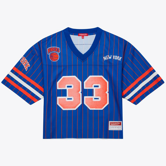 New York Knicks Patrick Ewing Mitchell & Ness x DANNIJO Women's Name & Number Cropped Football Jersey - Blue