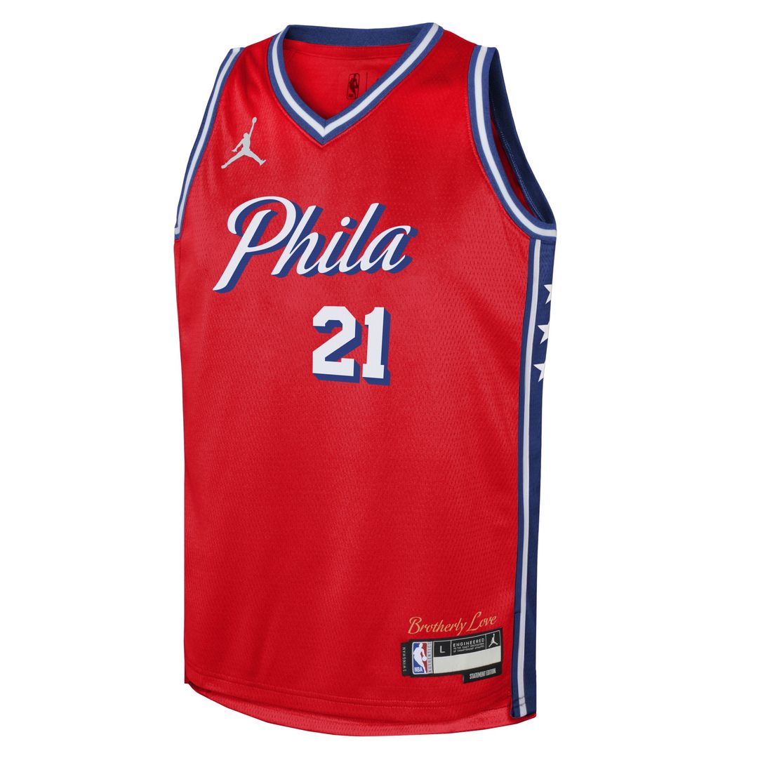 Philadelphia 76ers Joel Embiid Jordan Brand Youth Swingman Jersey - Statement Edition - Red