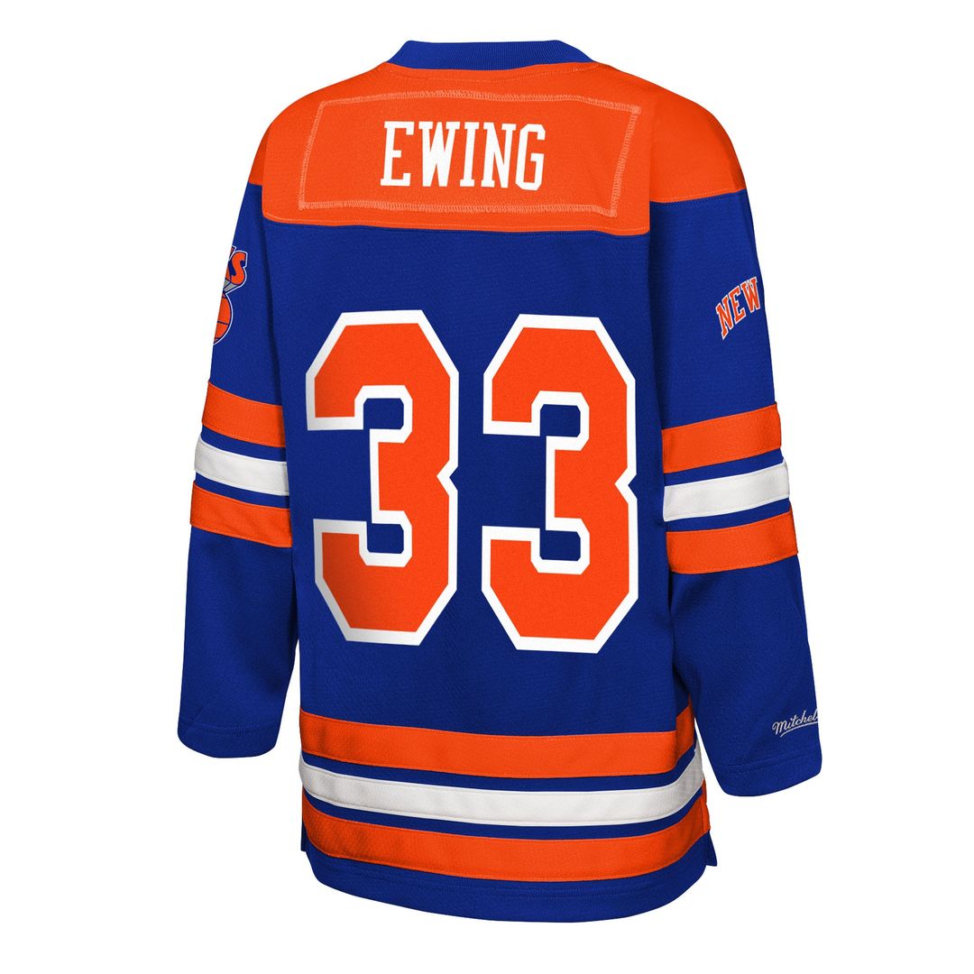 New York Knicks Patrick Ewing Mitchell & Ness Youth Maxxed Out 2.0 Fashion Hockey Jersey - Blue