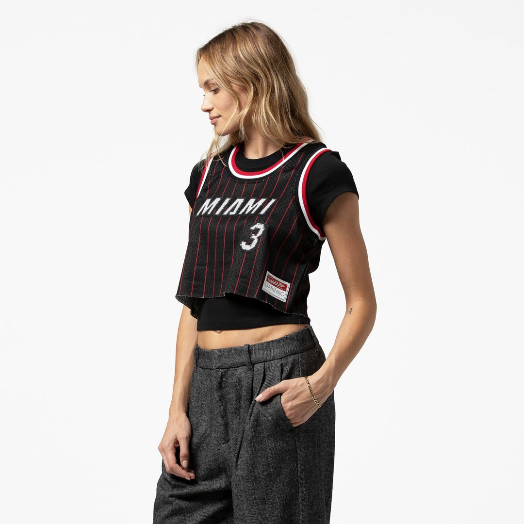 Miami Heat Dwyane Wade Mitchell & Ness x DANNIJO Women's Fashion Cropped Basketball Jersey - Black