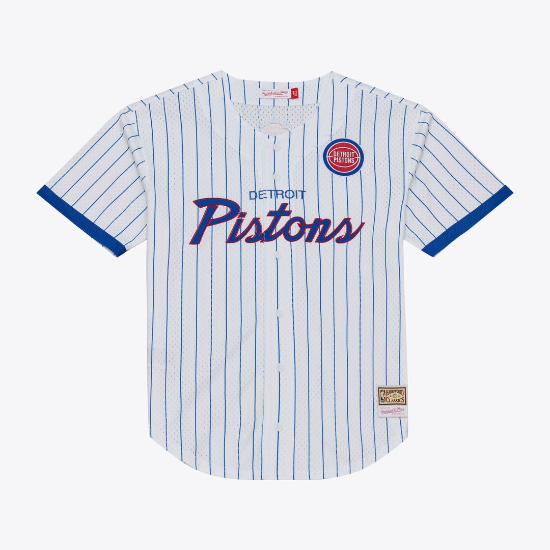 Detroit Pistons Mitchell & Ness Head Coach Pinstripe Mesh Full - Button Baseball Jersey - White