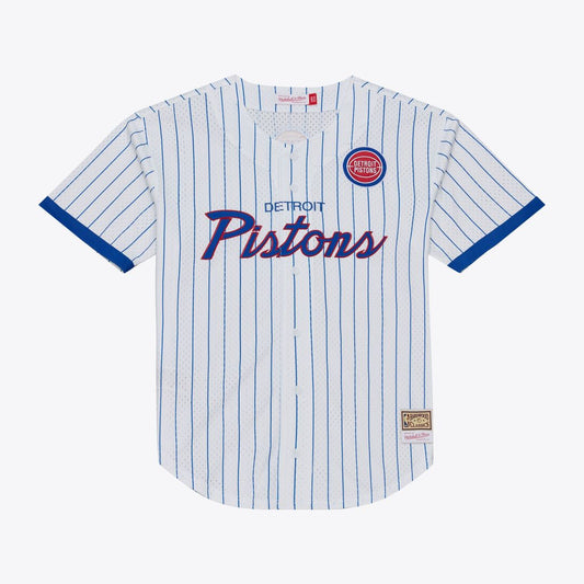 Detroit Pistons Mitchell & Ness Head Coach Pinstripe Mesh Full - Button Baseball Jersey - White