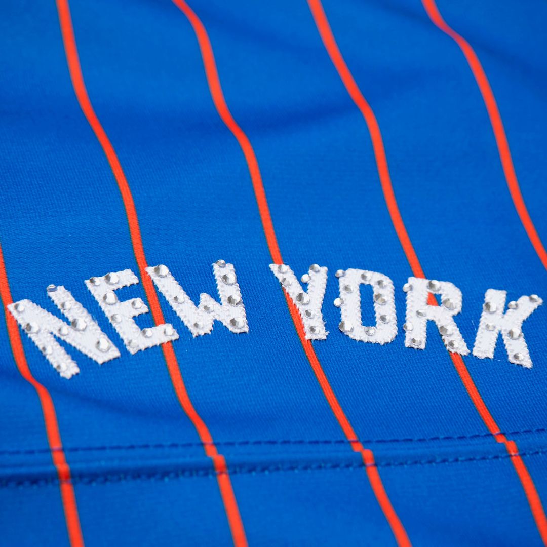 New York Knicks Patrick Ewing Mitchell & Ness x DANNIJO Women's Name & Number Cropped Football Jersey - Blue