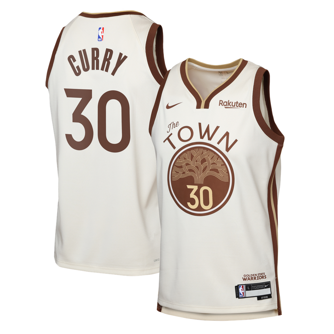 Golden State Warriors Stephen Curry Nike Youth Swingman Finished Badge Player Jersey - City Edition - Tan