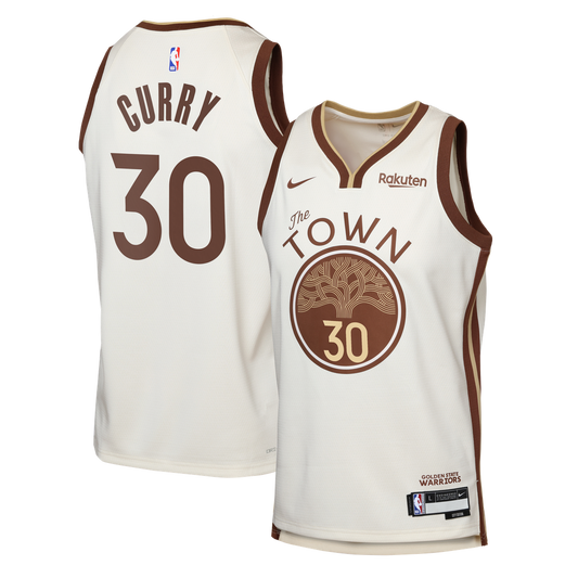Golden State Warriors Stephen Curry Nike Youth Swingman Finished Badge Player Jersey - City Edition - Tan