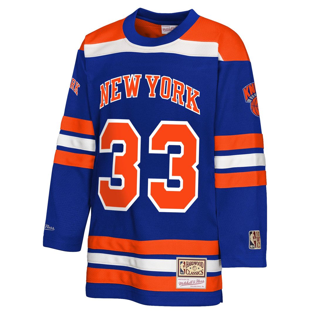 New York Knicks Patrick Ewing Mitchell & Ness Youth Maxxed Out 2.0 Fashion Hockey Jersey - Blue