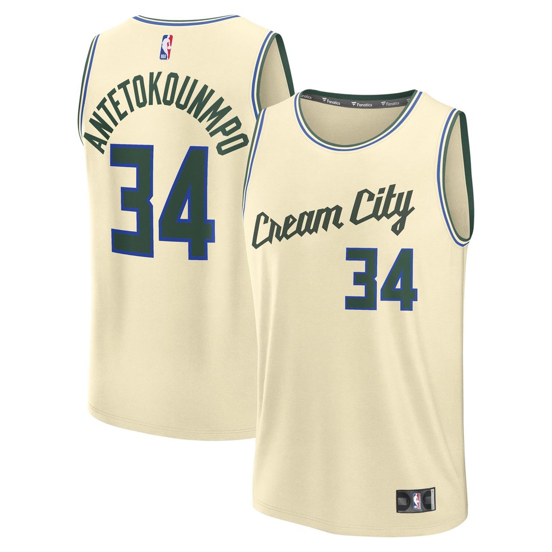 Milwaukee Bucks Giannis Antetokounmpo Fanatics Youth 2025/26 City Edition Fast Break Jersey - Cream