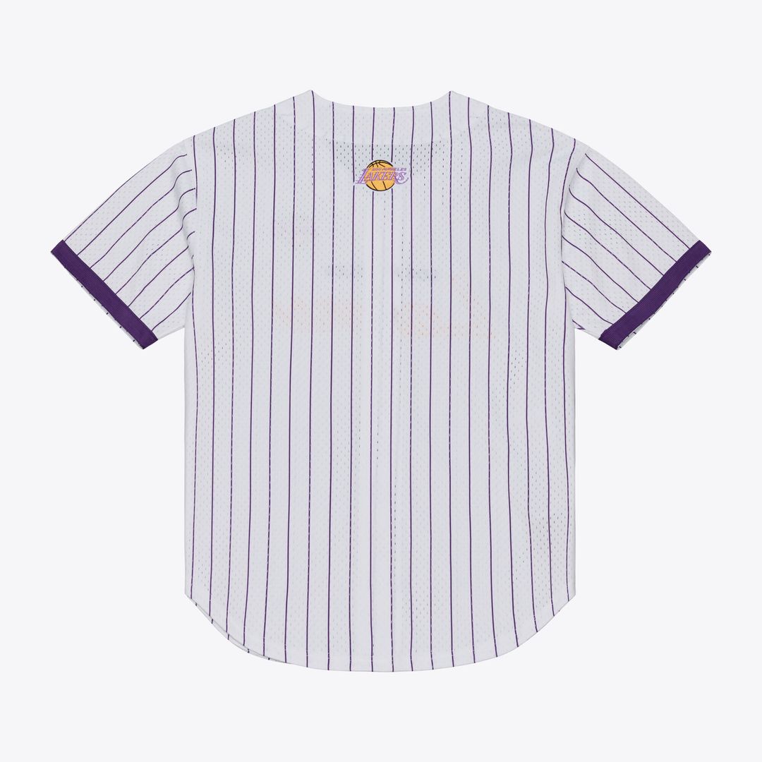 Los Angeles Lakers Mitchell & Ness Head Coach Pinstripe Mesh Full - Button Baseball Jersey - White