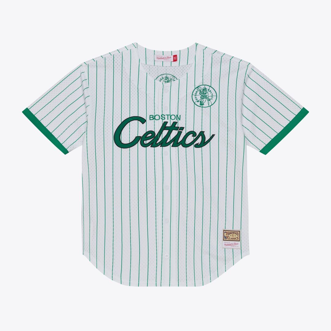 Boston Celtics Mitchell & Ness Head Coach Pinstripe Mesh Full - Button Baseball Jersey - White
