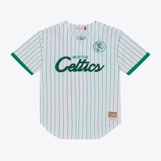 Boston Celtics Mitchell & Ness Head Coach Pinstripe Mesh Full - Button Baseball Jersey - White