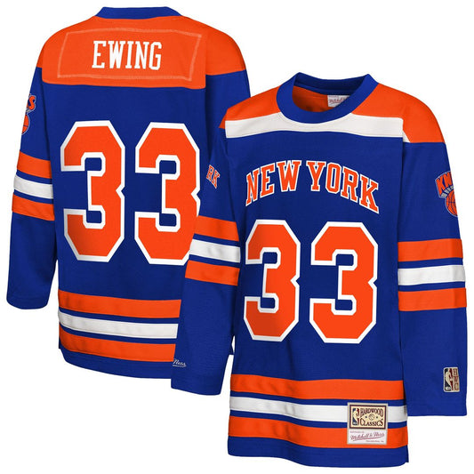 New York Knicks Patrick Ewing Mitchell & Ness Youth Maxxed Out 2.0 Fashion Hockey Jersey - Blue