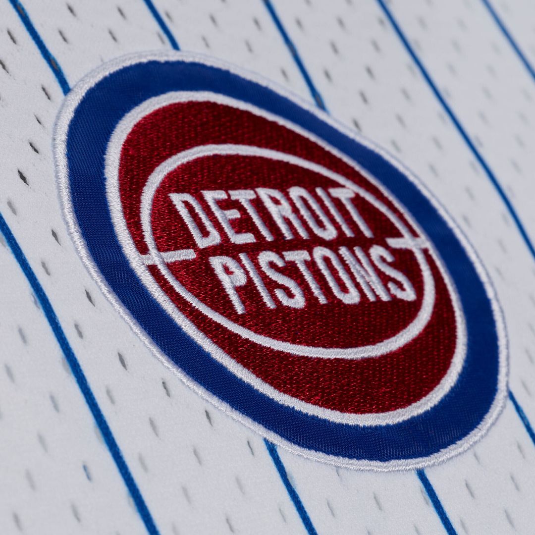 Detroit Pistons Mitchell & Ness Head Coach Pinstripe Mesh Full - Button Baseball Jersey - White