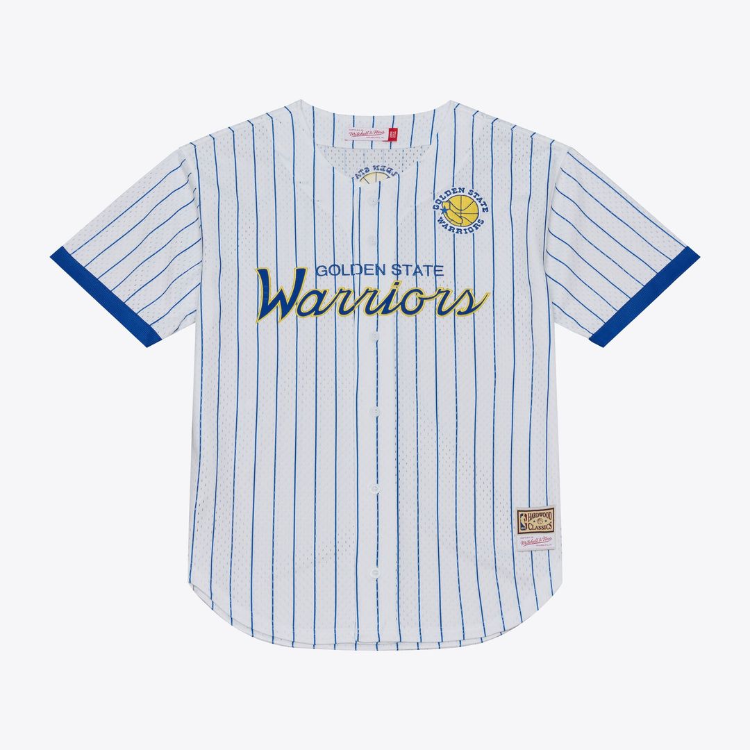 Golden State Warriors Mitchell & Ness Head Coach Pinstripe Mesh Full - Button Baseball Jersey - White