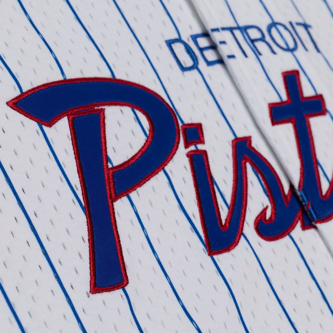 Detroit Pistons Mitchell & Ness Head Coach Pinstripe Mesh Full - Button Baseball Jersey - White