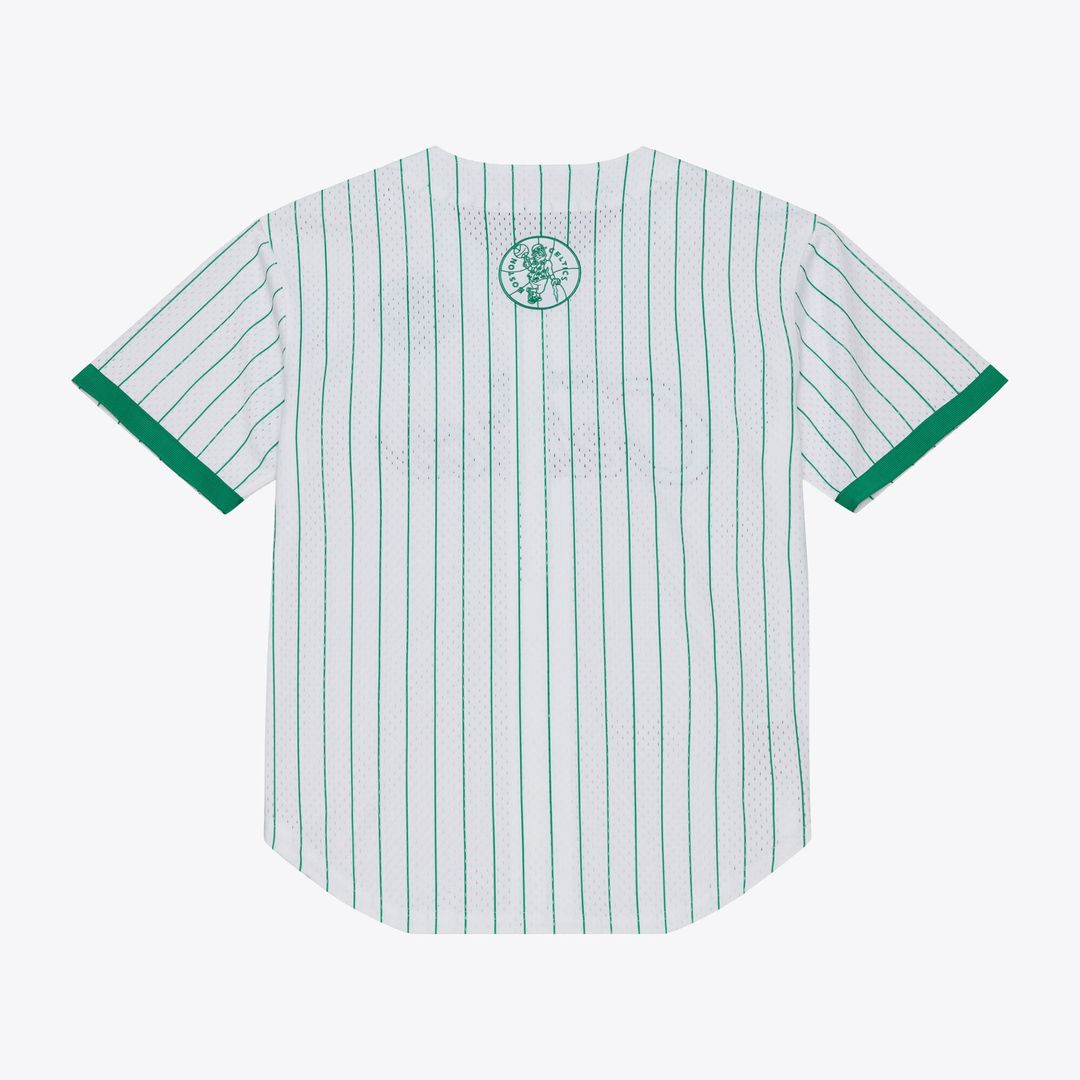 Boston Celtics Mitchell & Ness Head Coach Pinstripe Mesh Full - Button Baseball Jersey - White