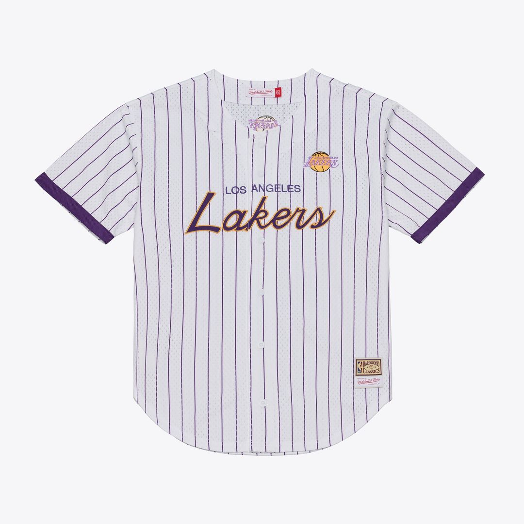 Los Angeles Lakers Mitchell & Ness Head Coach Pinstripe Mesh Full - Button Baseball Jersey - White
