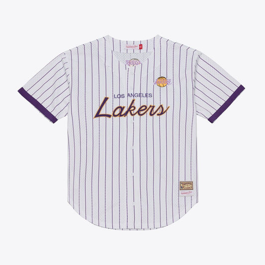 Los Angeles Lakers Mitchell & Ness Head Coach Pinstripe Mesh Full - Button Baseball Jersey - White