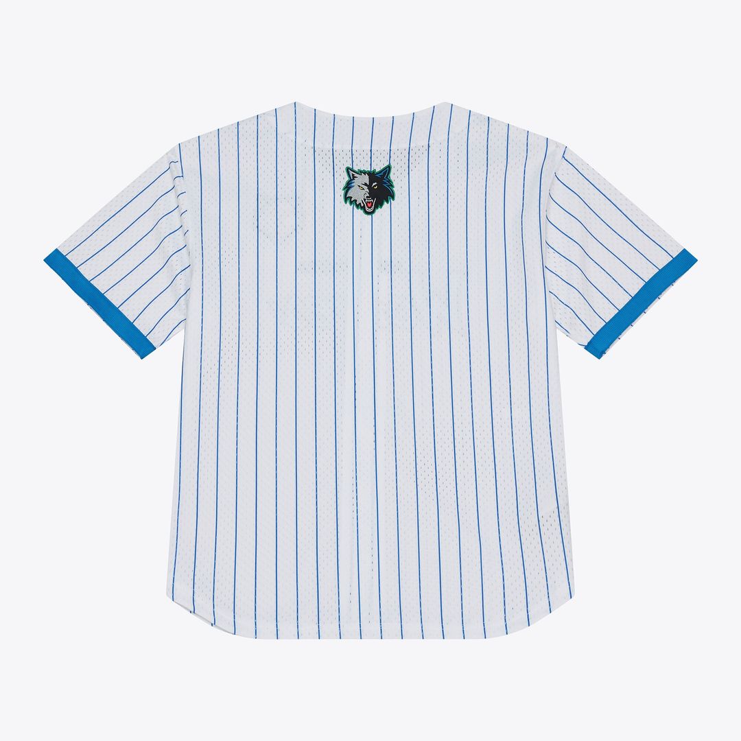 Minnesota Timberwolves Mitchell & Ness Head Coach Pinstripe Mesh Full - Button Baseball Jersey - White
