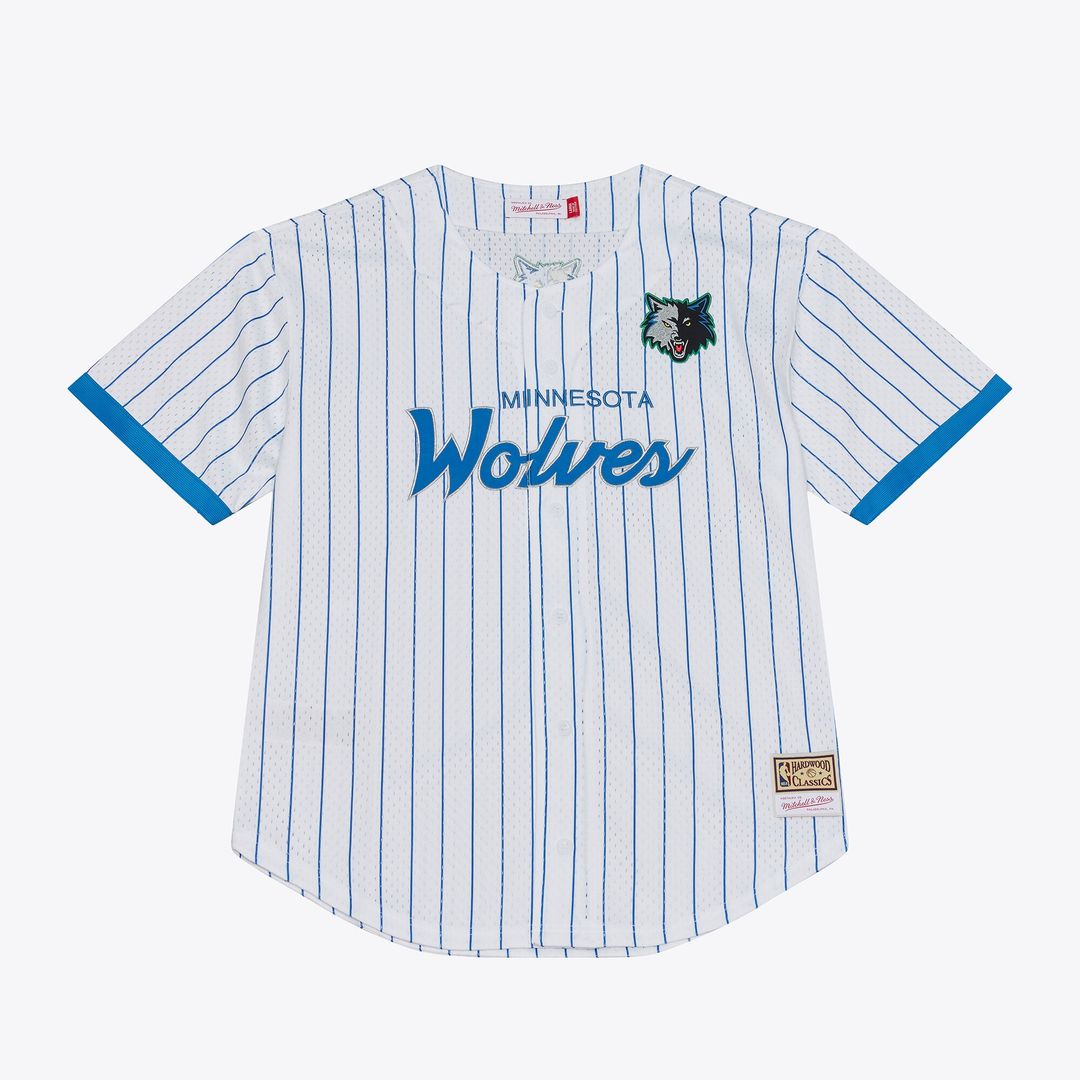 Minnesota Timberwolves Mitchell & Ness Head Coach Pinstripe Mesh Full - Button Baseball Jersey - White