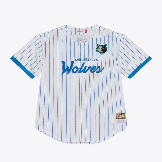 Minnesota Timberwolves Mitchell & Ness Head Coach Pinstripe Mesh Full - Button Baseball Jersey - White