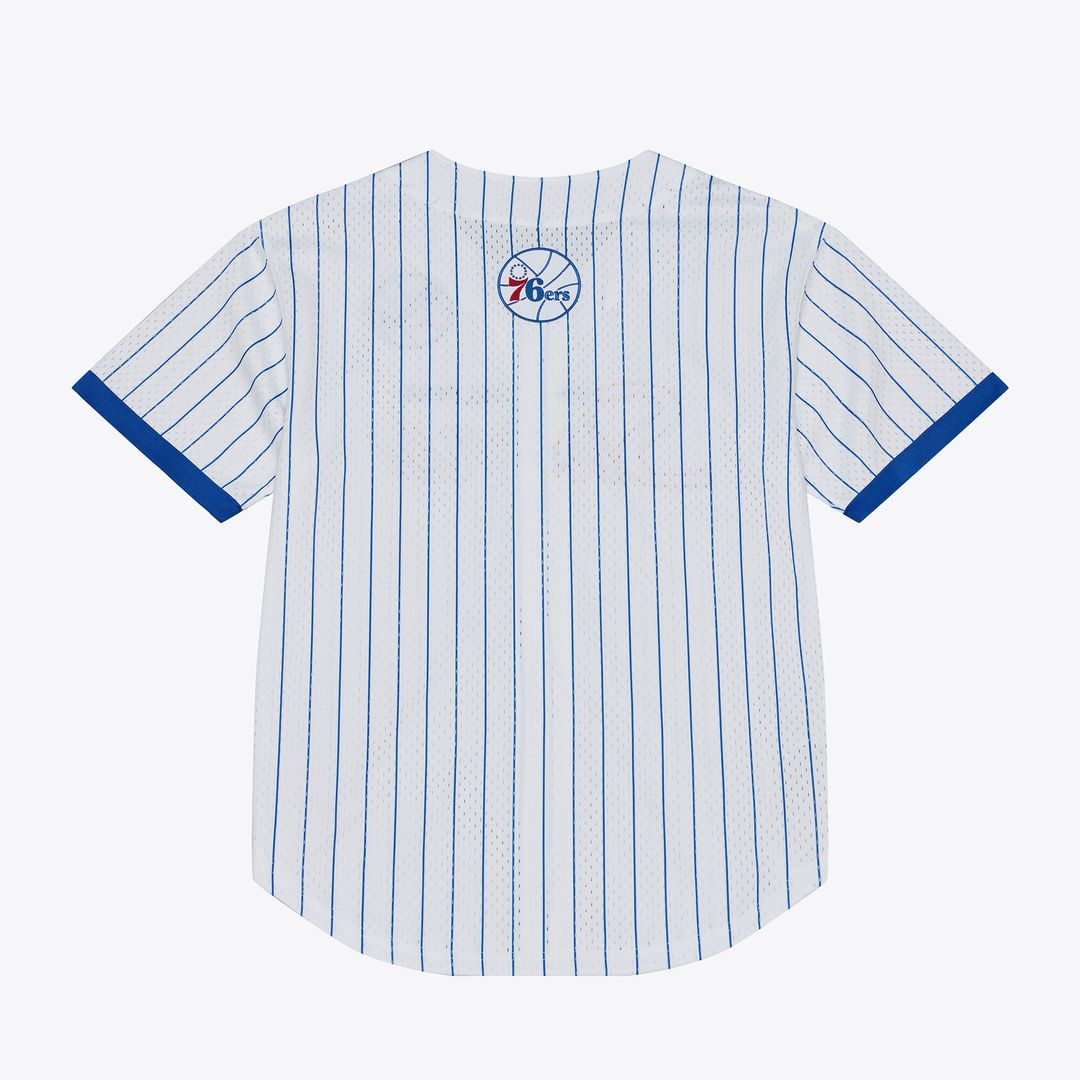 Philadelphia 76ers Mitchell & Ness Head Coach Pinstripe Mesh Full - Button Baseball Jersey - White