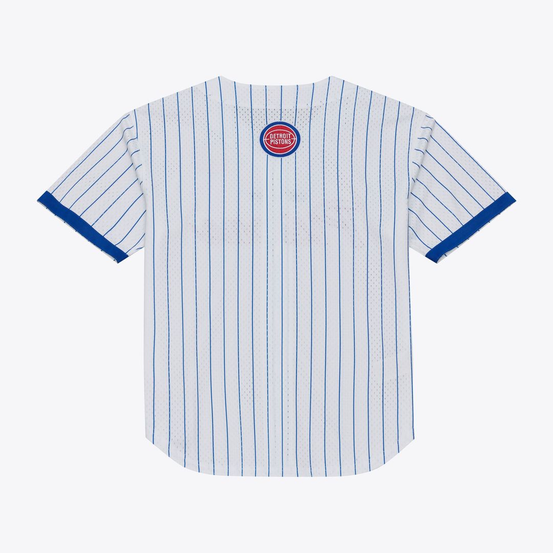 Detroit Pistons Mitchell & Ness Head Coach Pinstripe Mesh Full - Button Baseball Jersey - White