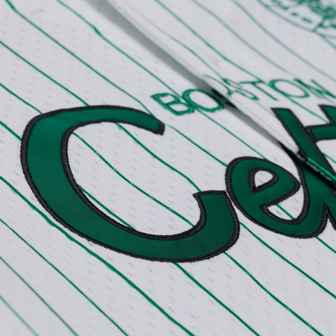 Boston Celtics Mitchell & Ness Head Coach Pinstripe Mesh Full - Button Baseball Jersey - White