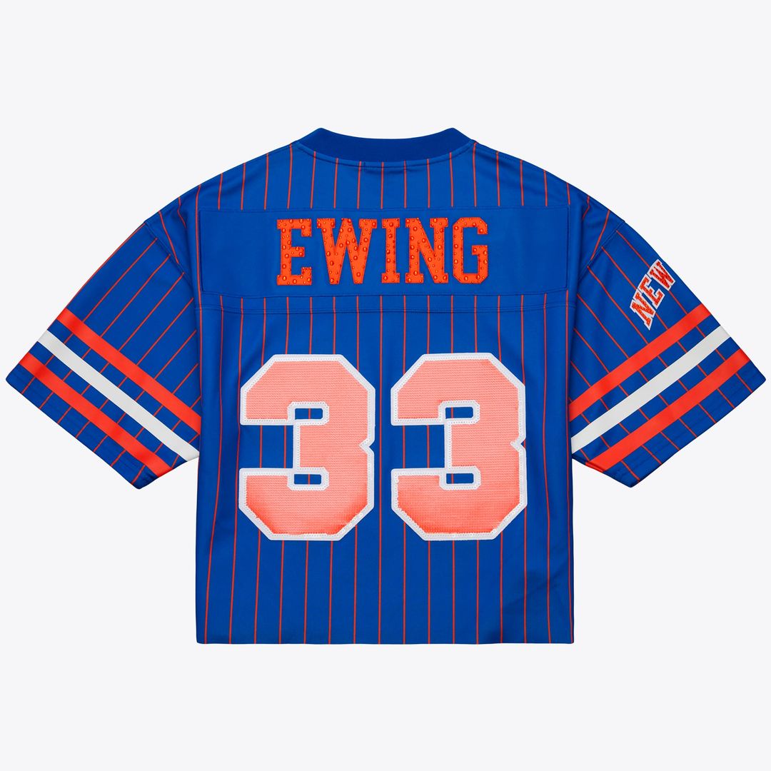 New York Knicks Patrick Ewing Mitchell & Ness x DANNIJO Women's Name & Number Cropped Football Jersey - Blue