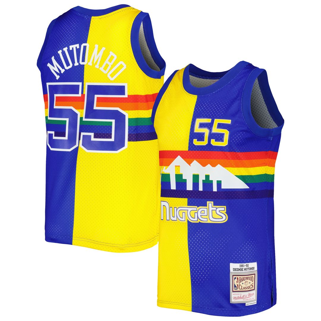 Denver Nuggets Dikembe Mutombo Mitchell & Ness Hardwood Classics 1991/92 Split Swingman Jersey - Royal/Gold